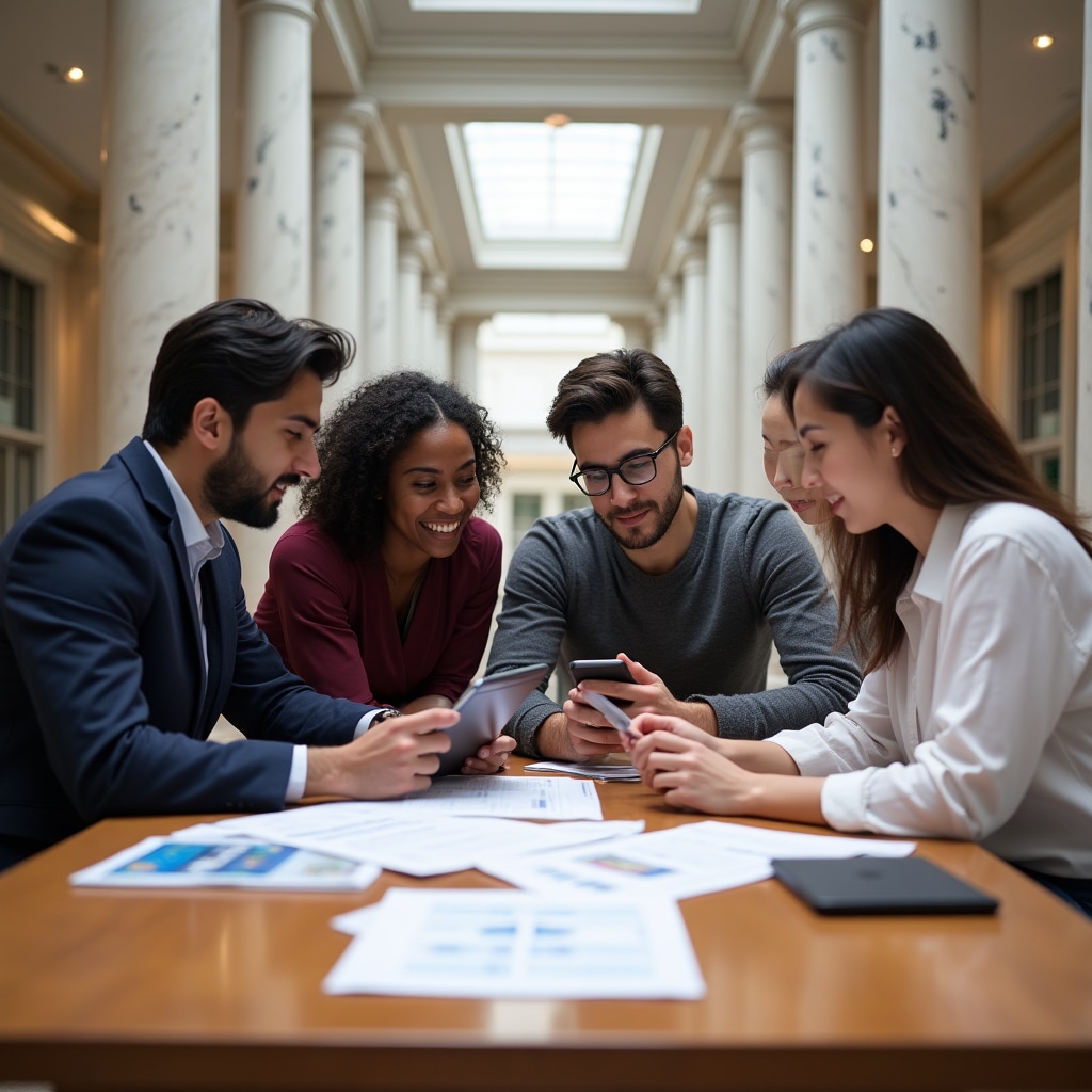 Small group engaged in educational discussion around table with documents and digital devices