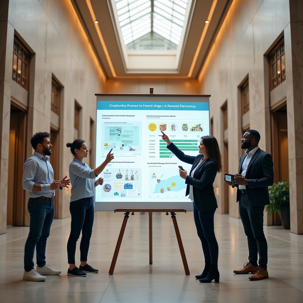 Creative team presenting project concept with visual displays showing campaign goals and reward tiers