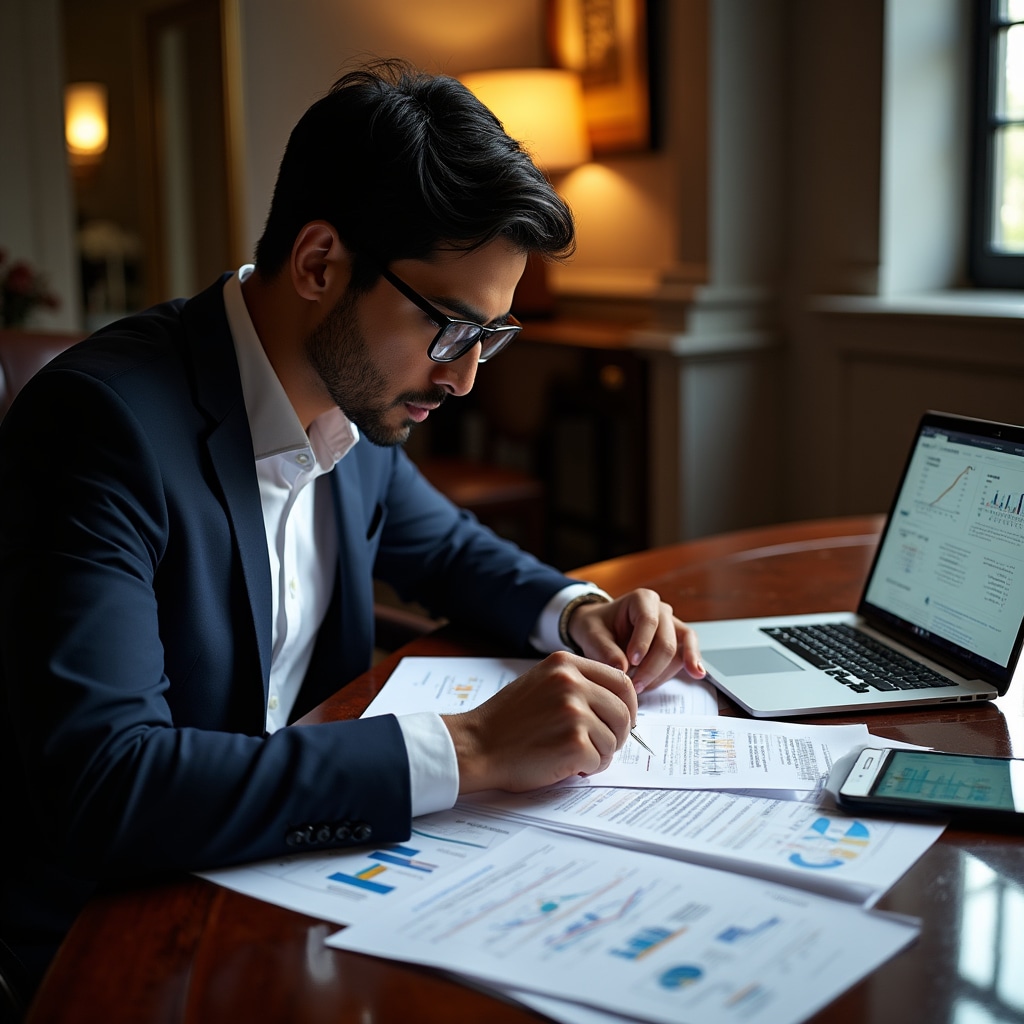Investor reviewing startup business plan and financial projections on laptop with company valuation documents