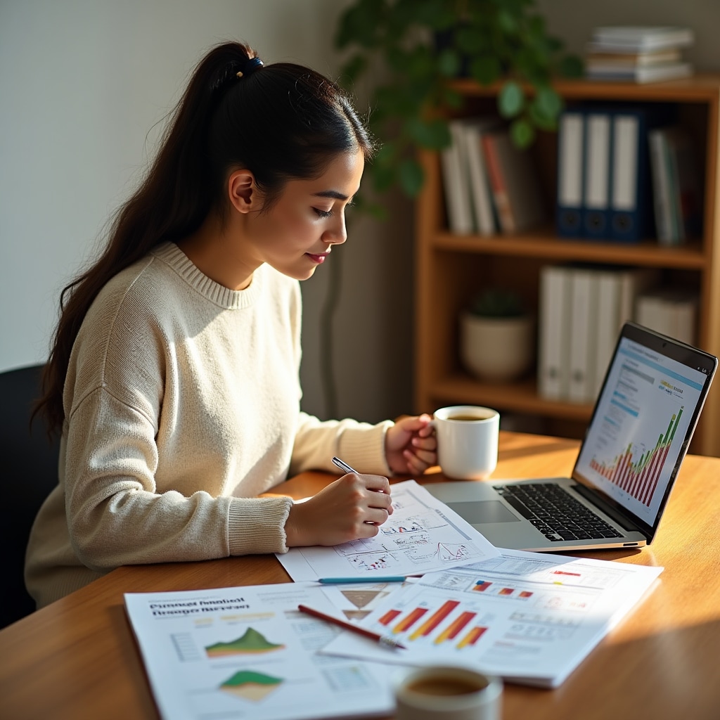 Person studying financial concepts at desk with laptop and educational materials